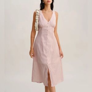 Rihoas Pink Striped V Neck Sleeveless Midi Dress